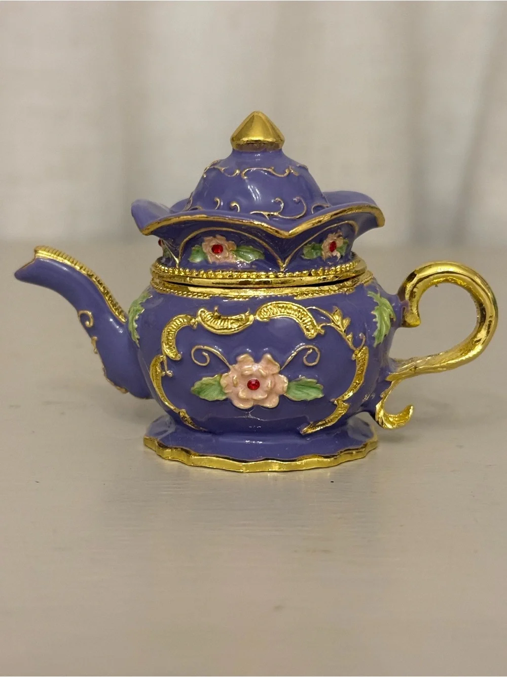 Bejeweled Purple Teapot Hinged Trinket Box Jeweled Enamel Miniature Ring Holder